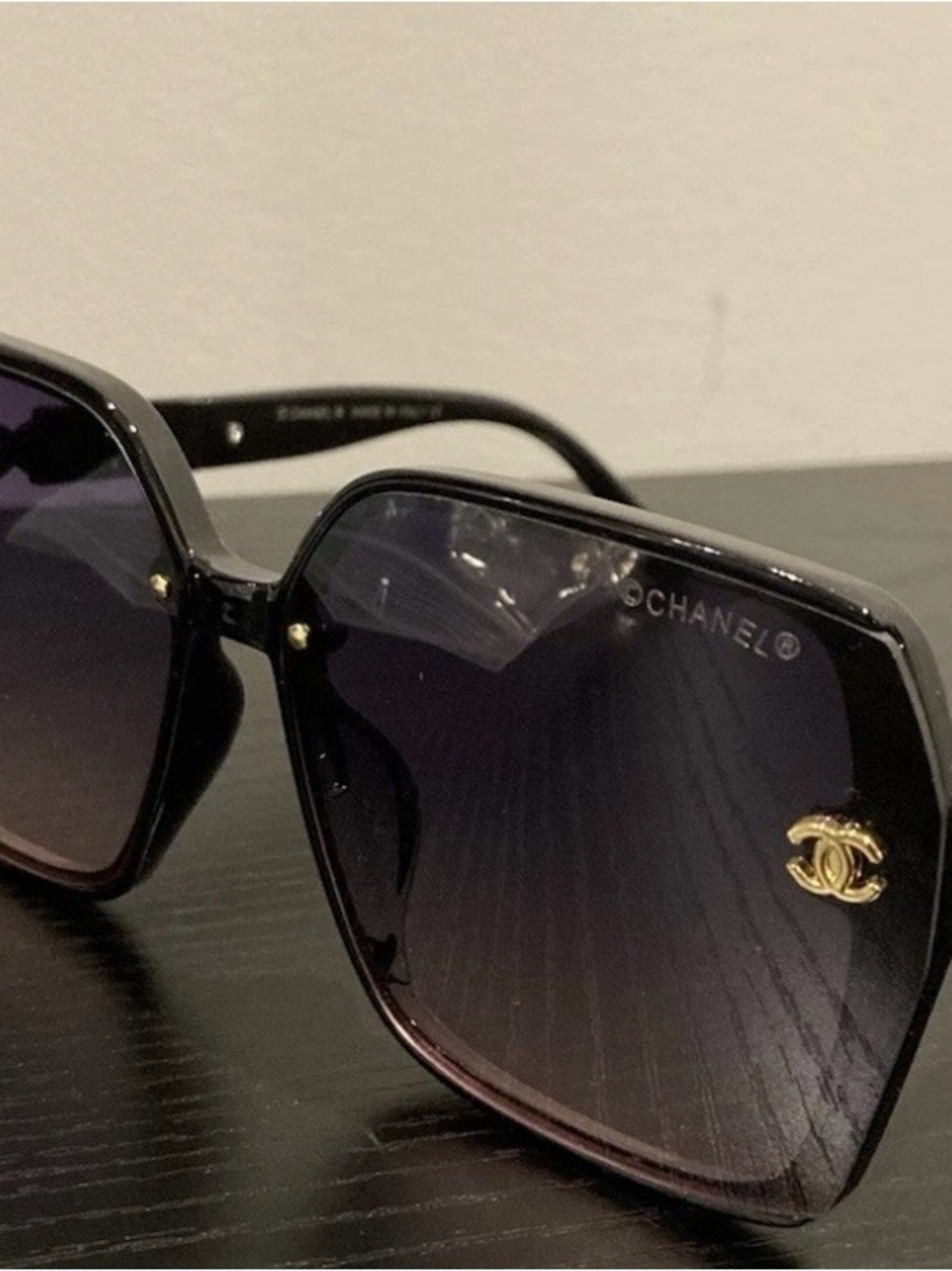 CHANEL Black Gradient Hexagonal Sunglasses with purple lens and Gold CC Emblem
